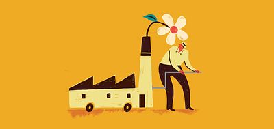 Illustration of a man growing flowers from an energy factory_The Multiplying Effect_Claudio Pedretti_Invest for Good_Alexandra Court_Large Crop