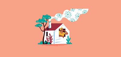 Illustration of a house with a clean energy cookstove_Ruben Walker_Clearing the Air_Large Crop