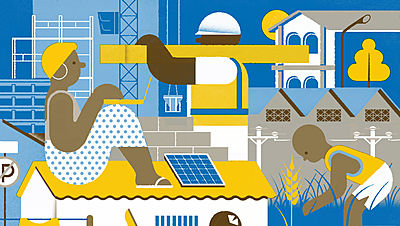 Illustration of a construction site with solar panels_Creating Sustainable Market Systems in Developing Economies_Small Crop