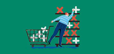 Illustration of a man selecting the positives from a supermarket shelf of positives and negatives _Investment Banker Turned Teacher_Vikram Ghandi_Invest for Good_Alexandra Court_Large Crop