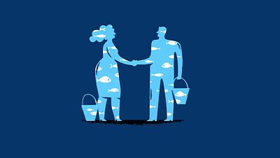 Illustration of people making a deal in the sustainable seafood sector_The Deep Dive_Monica Jain_Invest for Good_Alexandra Court_Small Crop