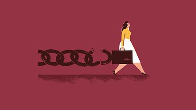 Illustration of a woman walking as a chain breaks behind her_Money in Motion_Deb Nelson_Small Crop