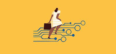 Illustration of a woman walking up computer code_Feverishly Busy_Felecia Hatcher_Invest for Good_Alexandra Court_Large Crop