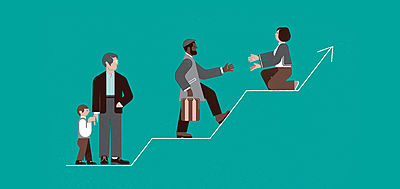 Illustration of people helping each other up a hill_Stepping up to the Challenge_Sustainable Development Goals_Small Crop