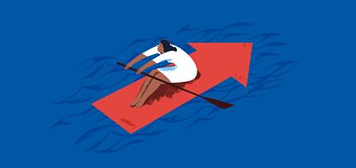 Illustration of a woman rowing against the current on an arrow_Changing the Face of Finance_Kristin Hull_Invest for Good_Alexandra Court_Large Crop