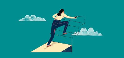 Illustration of a woman drawing the stairs as she walks up them_Betsy Moszeter_Invest for Good_Alexandra Court_Large Crop