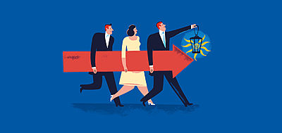 Illustration of people holding an arrow as one of them leads the way with a lantern_Blind Faith_Faith Based Investing_Large Crop