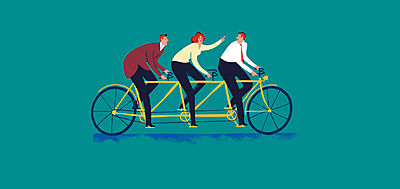 Illustration of three people riding a tandem bike_Prioritising Impact Alongside Profit_Small Crop