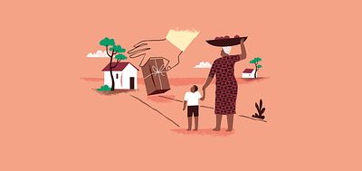 Illustration of a mother and son walking into their village to find a package arrived_Rocio Perez Ochoa_Going The Last Mile_Invest for Good_Alexandra Court_Large Crop