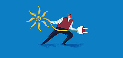 Illustration of a man holding a cable from the sun to a plug socket_Power to the People_Solar Power_Impact Investment_Large Crop