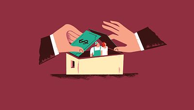 Illustration of a couple in a house with the roof made of bank notes_A Venture with Vision_ Social Venture Circle_Impact Investment_Small Crop