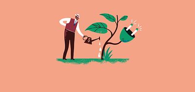 Illustration on a man watering a plant which turns into power_Betting on Plant Power_Lisa Feria_Invest for Good_Alexandra Court_Large Crop