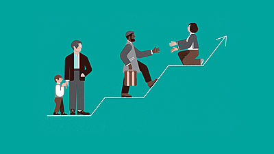 Illustration of people helping each other up a hill_Stepping up to the Challenge_Sustainable Development Goals_Small Crop