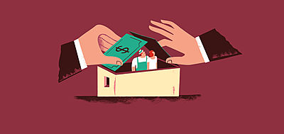 Illustration of a couple in a house with the roof made of bank notes_A Venture with Vision_ Social Venture Circle_Impact Investment_Large Crop
