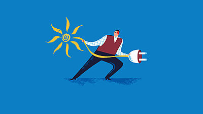 Illustration of a man holding a cable from the sun to a plug socket_Power to the People_Solar Power_Impact Invesment_Small Crop