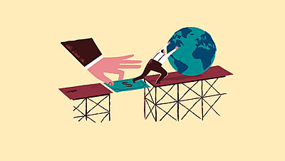 Illustration of a man using bank notes to push the world across a gap in a bridge_Filling the Funding Gap_Small Crop