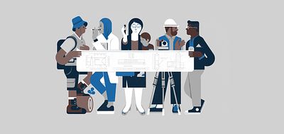 Illustration of lots of different people contributing to a blue print_Mapping out Change_Large Crop