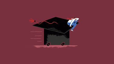 Illustration of a man gliding along on a mortar board_Eileen Murphy Buckley_Investing in Education_Invest for Good_ Small Crop