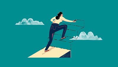 Illustration of a woman drawing the stairs as she walks up them_Betsy Moszeter_Invest for Good_Alexandra Court_Small Crop