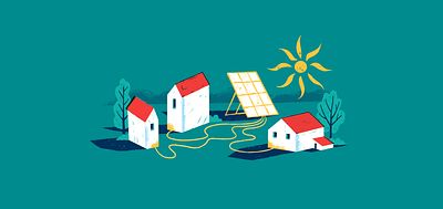 Illustration of a three houses being powered by one solar panel_Steph Speirs_Accessing Green Energy_Invest for Good_Alexandra Court_Large Crop