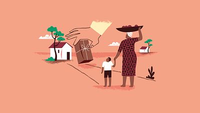 Illustration of a mother and son walking into their village to find a package arrived_Rocio Perez Ochoa_Going The Last Mile_Invest for Good_Alexandra Court_Small Crop