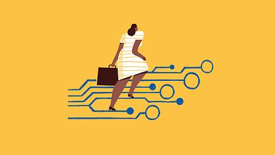 Illustration of a woman walking up computer code_Feverishly Busy_Felecia Hatcher_Invest for Good_Alexandra Court_Small Crop
