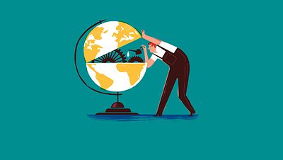 Illustration of man tinkering inside a globe with an oil can_Not Business as Usual_Transforming our economic system_Small Crop