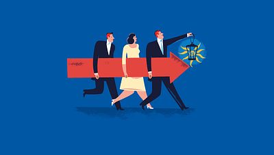 Illustration of people holding an arrow as one of them leads the way with a lantern_Blind Faith_Faith Based Investing_Small Crop