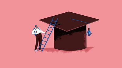 Illustration of a man climbing up a ladder to a mortarboard_Top of the Class_Thijs Mathot and Richard Adarkwah_Small Crop