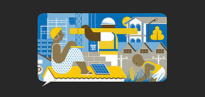 Illustration of a construction site with solar panels_Creating Sustainable Market Systems in Developing Economies_Large Crop