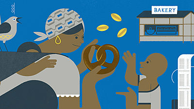 Illustration of a mother handing her child bread - a bakery powered by green and affordable energy_small crop