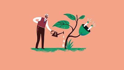 Illustration on a man watering a plant which turns into power_Betting on Plant Power_Lisa Feria_Small Crop