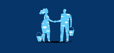 Illustration of people making a deal in the sustainable seafood sector_The Deep Dive_Monica Jain_Invest for Good_Alexandra Court_Large Crop